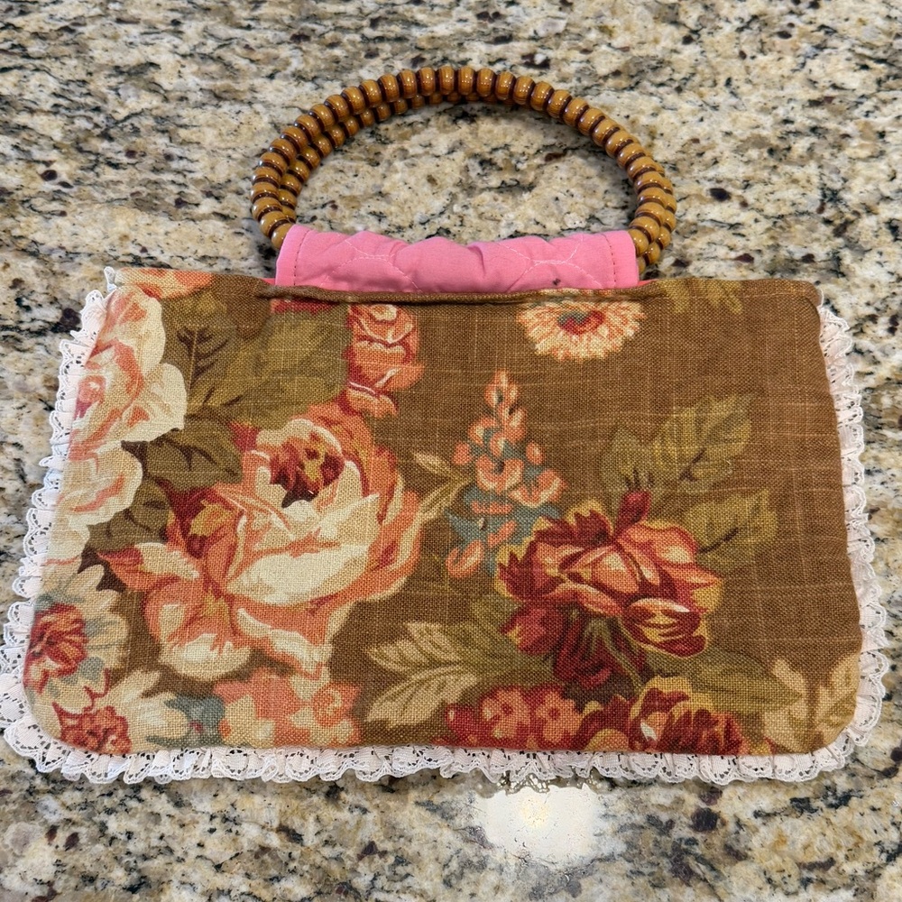 AcrossTheBoulevard floral lace wood handle mini bag